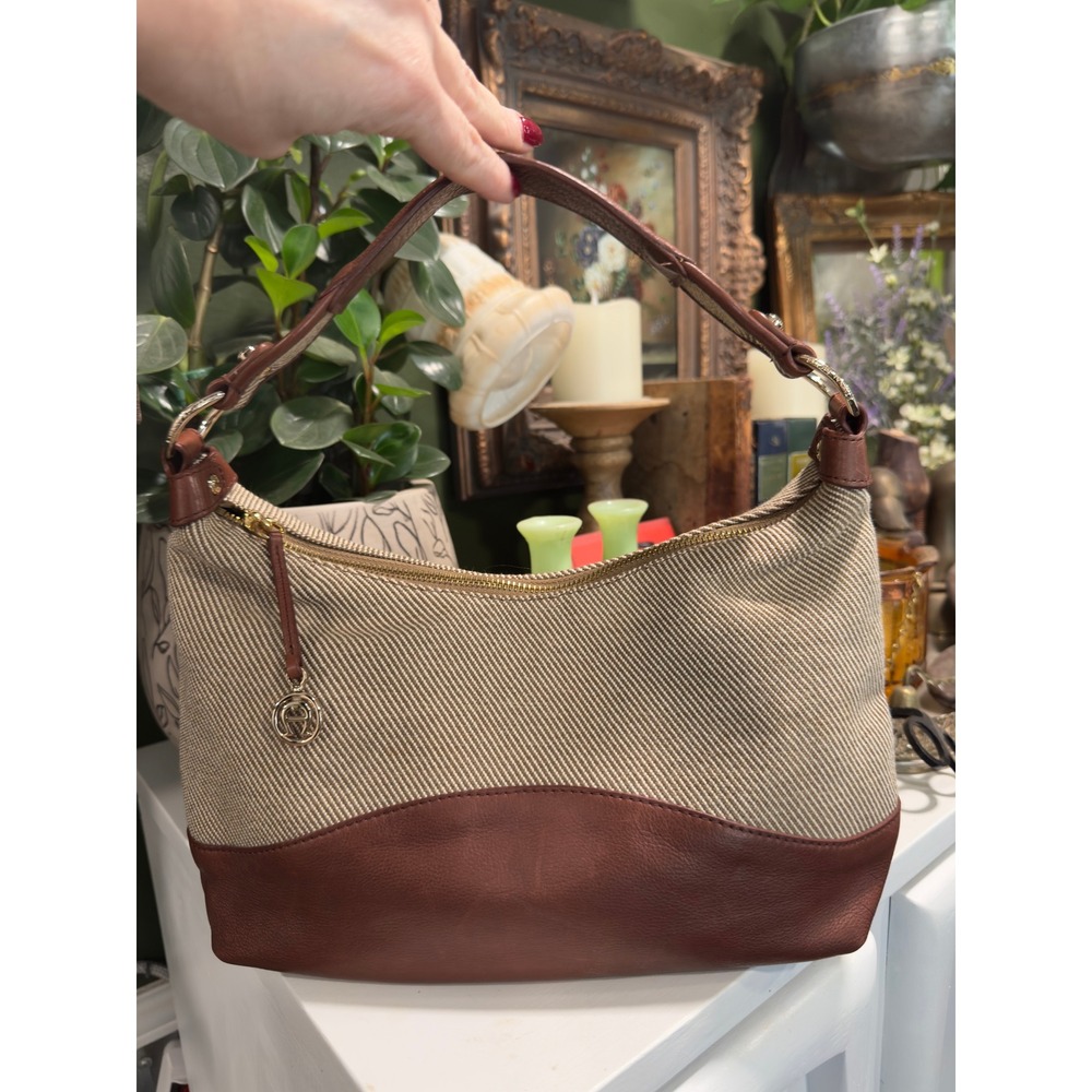 Etienne‎ Aigner Womens Canvas Leather Trim Shoulder Bag Brown Tan Striped Hobo